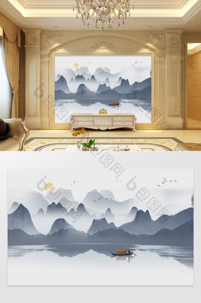 中式意境手绘水墨山水背景墙效果图-【包图网】