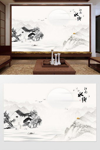 新中式创意水墨山水意境电视背景墙图片