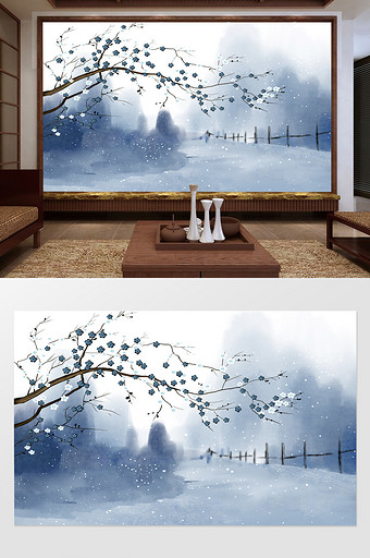新中式手绘梅花雪电视背景墙图片