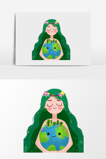 手绘卡通绿色环保地球女孩图片