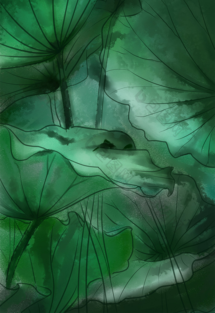 手绘水彩深绿色荷叶背景