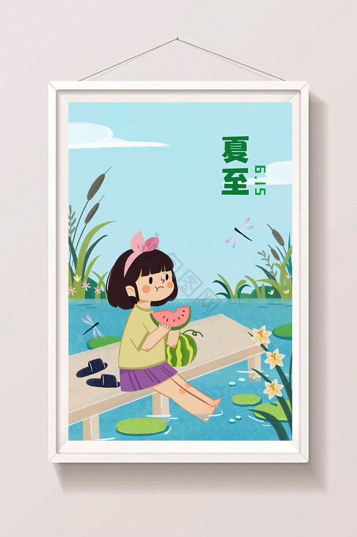 纯色水边夏天夏至女孩吃西瓜插画图片