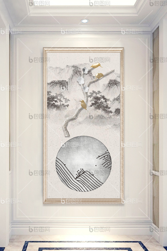 【中式水墨风水墨山水玄关装饰画】图片下载-包图网