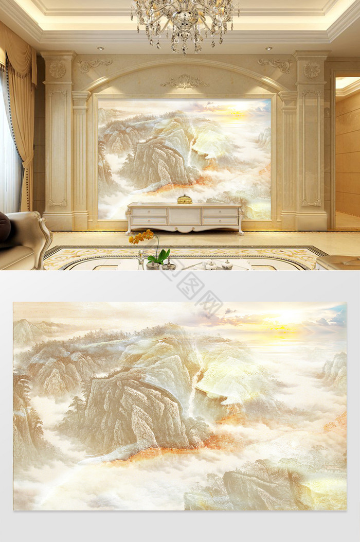 高清3D大理石纹山水花日出背景墙天山日出图片