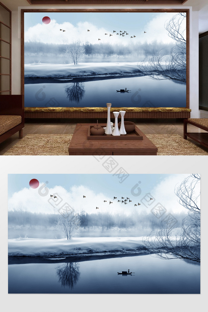 新中式山水中国风红日客厅电视背景墙