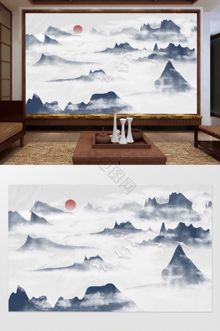 中式手绘意境水墨山水画电视背景墙图片