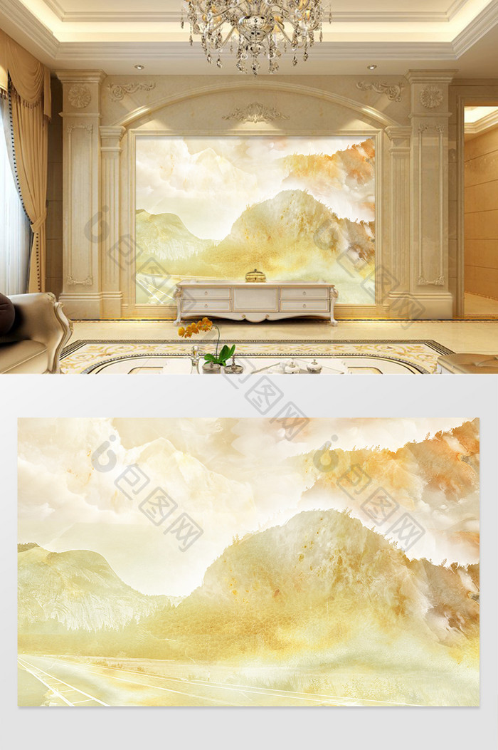 高清3D大理石纹山水花日出背景墙印象九江