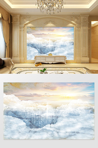 高清3D大理石纹山水花日出背景墙云海天象图片