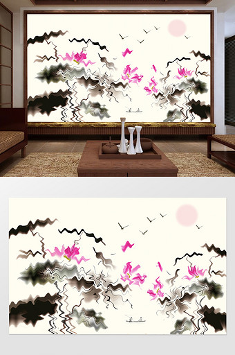 新中式抽象荷花水墨波浪风格客厅电视背景墙图片