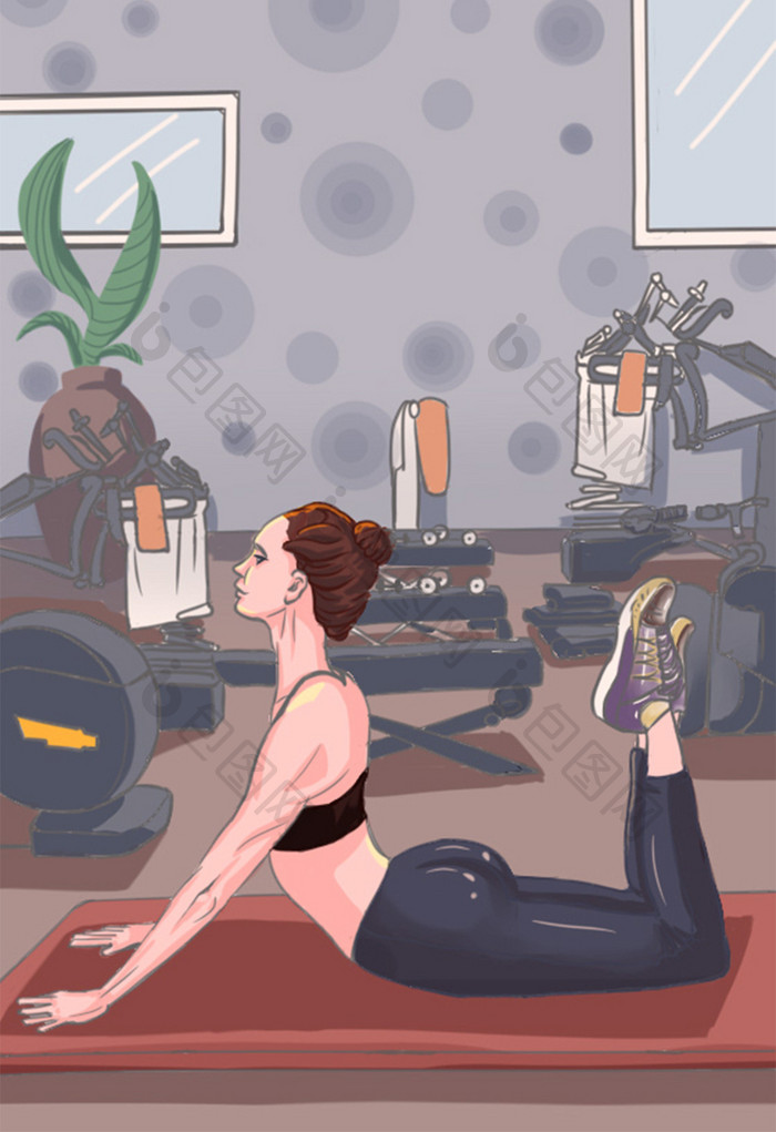 唯美卡通健身房减肥瑜伽插画