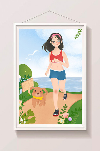 清新女孩与狗海边跑步插画图片