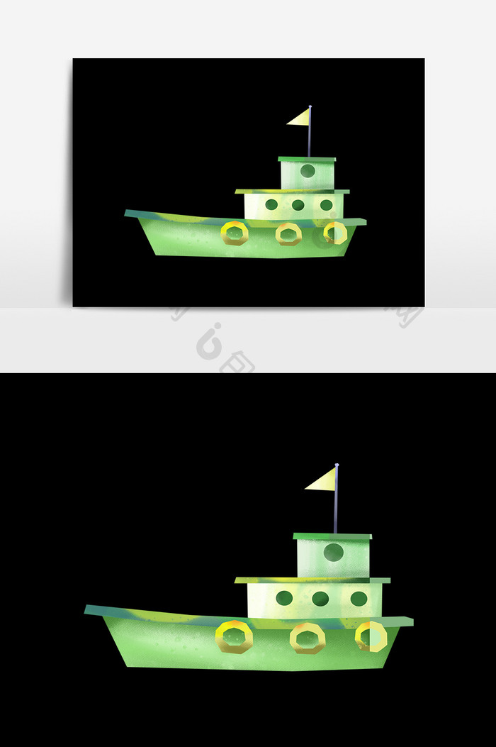 手绘水彩绿色轮船