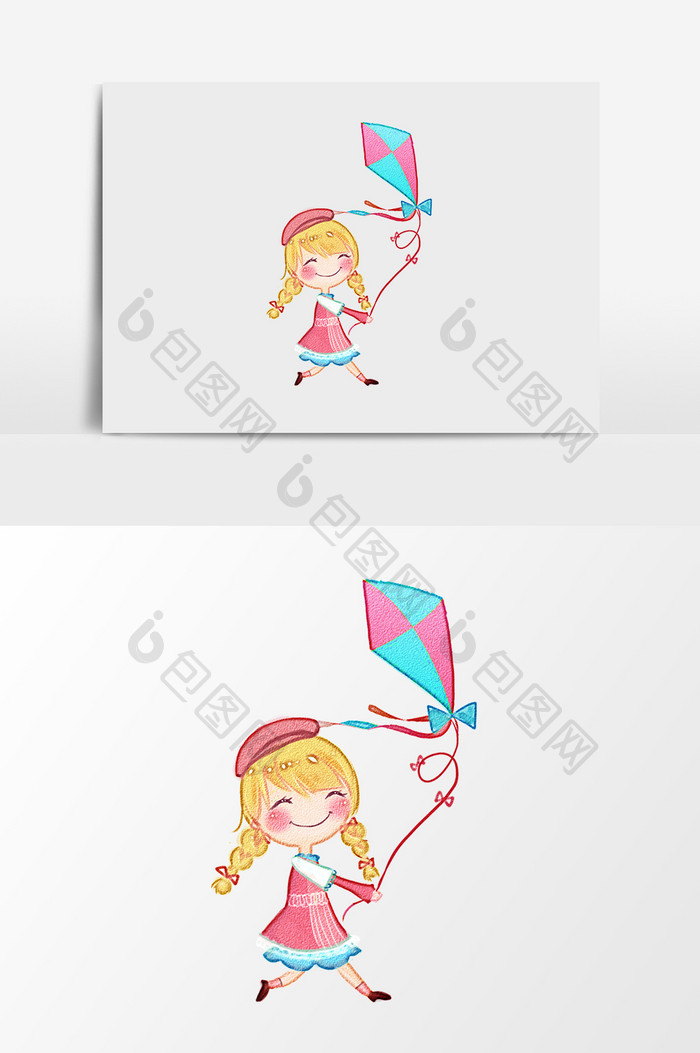 卡通可爱放风筝的小女孩