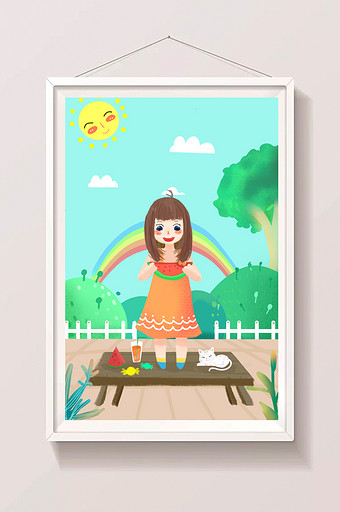 夏天吃西瓜的小女孩插画图片