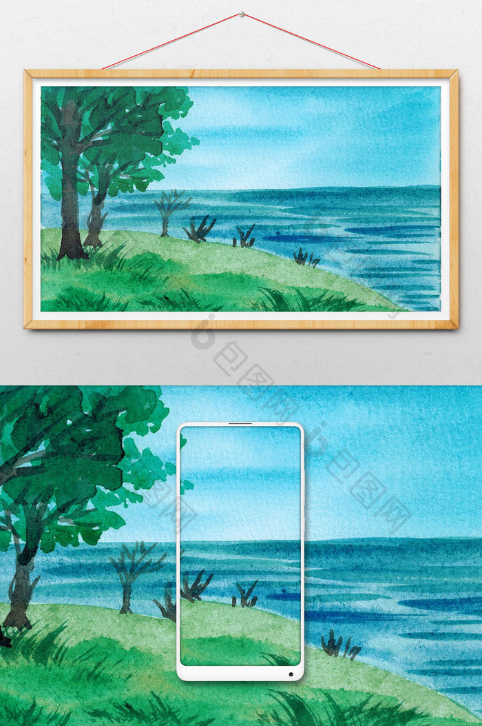 蓝色绿色树林清新夏日风景水彩手绘背景素材