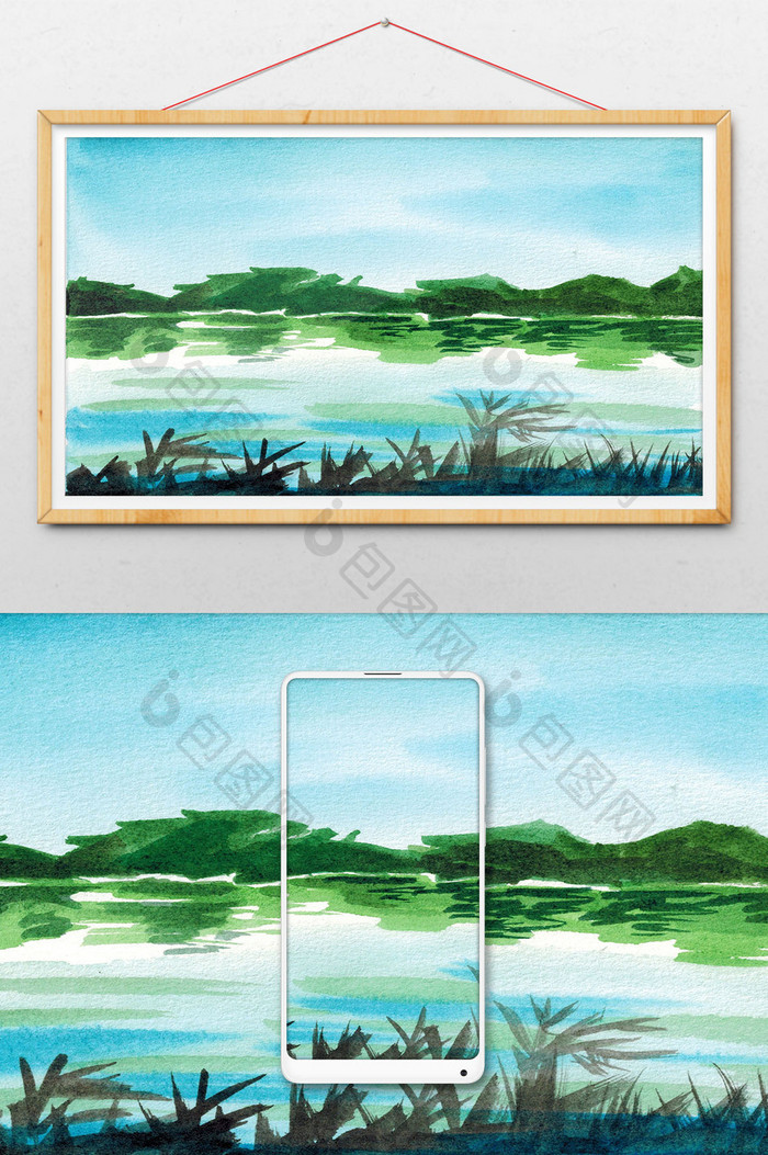 蓝色绿色湿地清新夏日风景水彩手绘背景素材