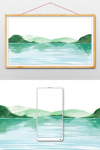 蓝色绿色清新夏日海边风景水彩手绘背景图片