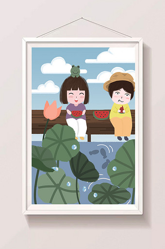 夏至治愈小清新可爱小孩吃西瓜池塘小桥插画图片