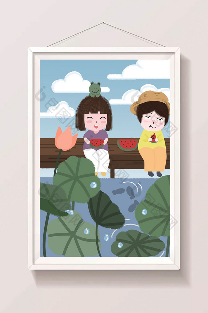 夏至治愈小清新可爱小孩吃西瓜池塘小桥插画