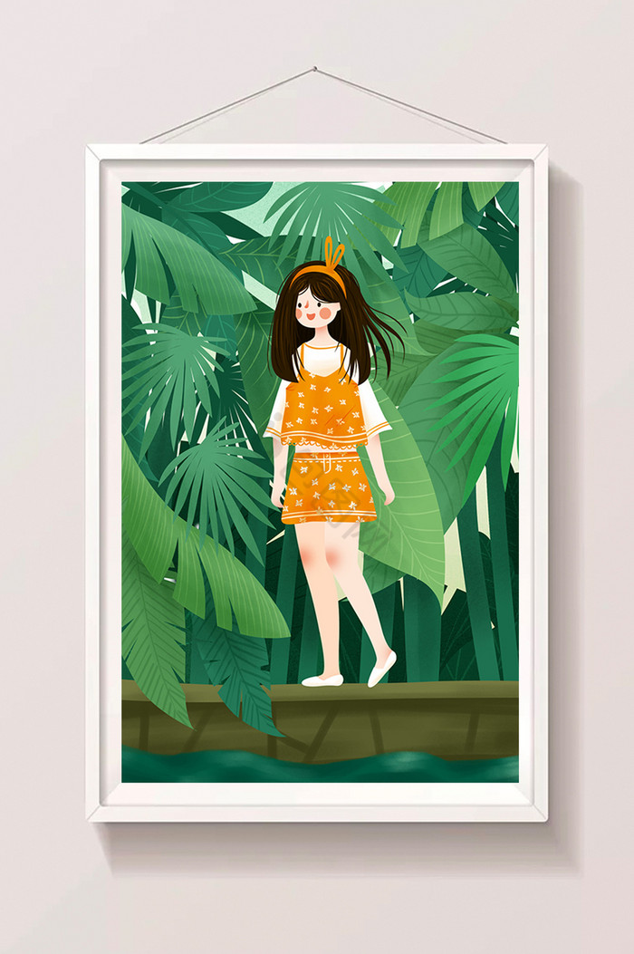夏至夏季夏日丛林中的女孩插画图片