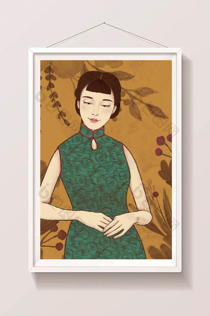 绿色复古中国风旗袍民国女人插画