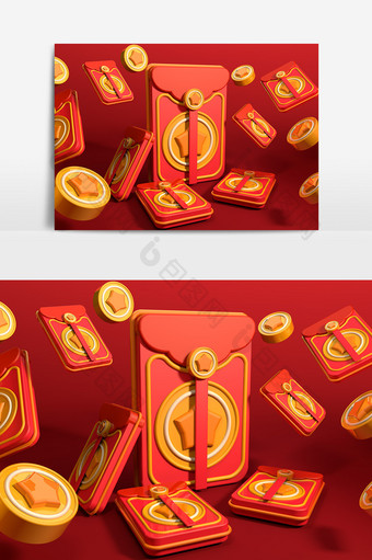 C4D原创红包模型红包金币素材图片