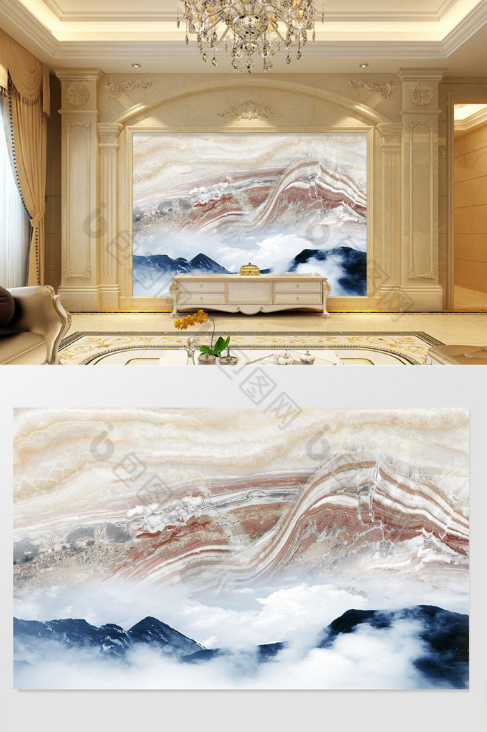 高清3D大理石纹山水花日出背景墙海市蜃楼图片图片