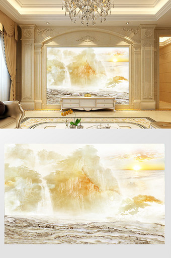 高清3D大理石纹山水花日出背景墙美丽山河图片