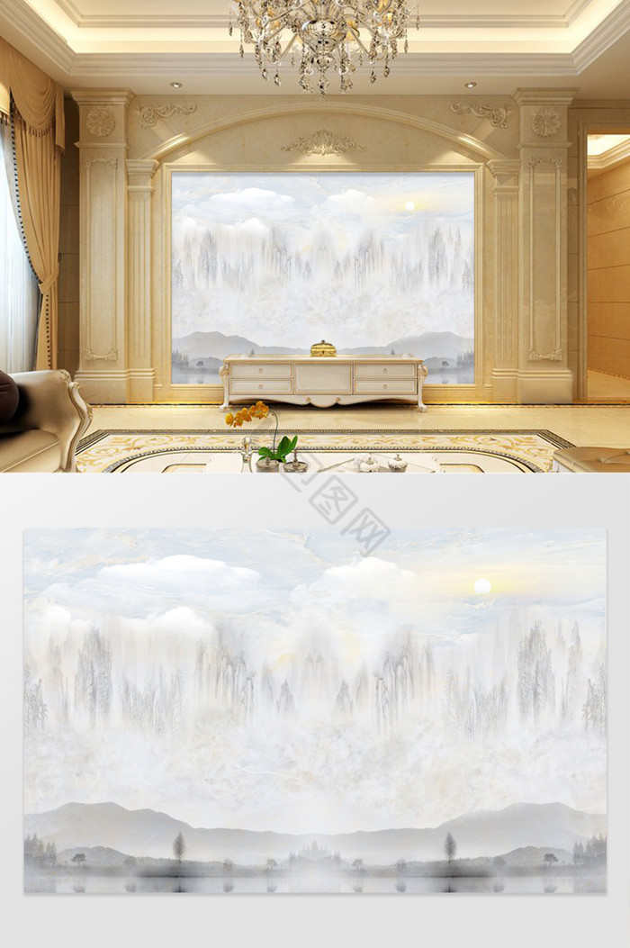 高清3D大理石山水电视沙发背景墙图片
