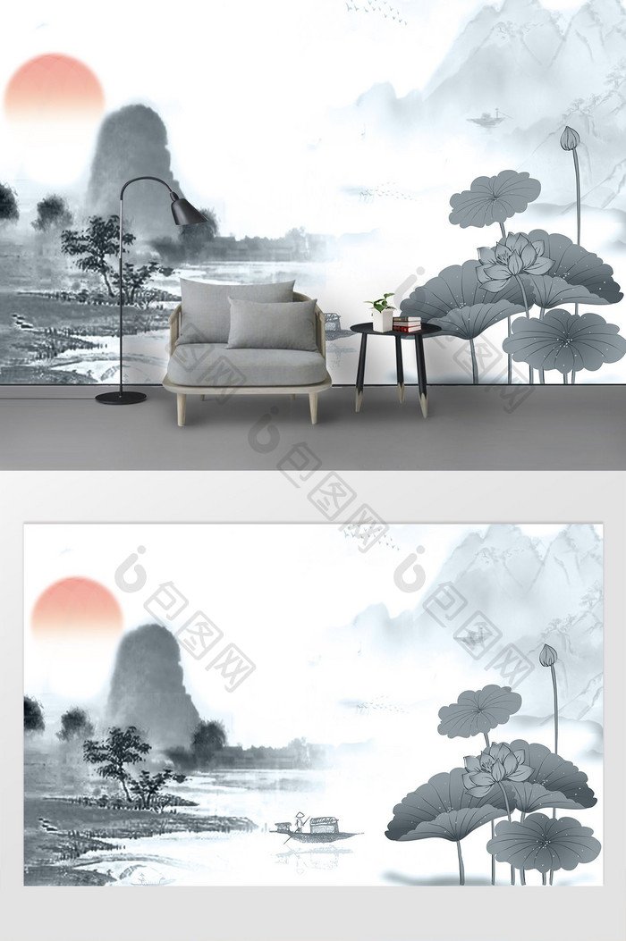 新中式水墨画山水意境背景墙