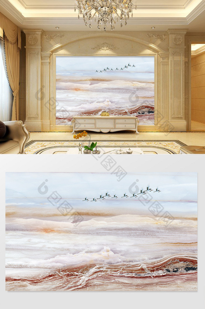 高清3D大理石纹山水花日出背景墙云海流动图片图片