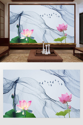 新中式山水波纹荷花中国风客厅电视背景墙