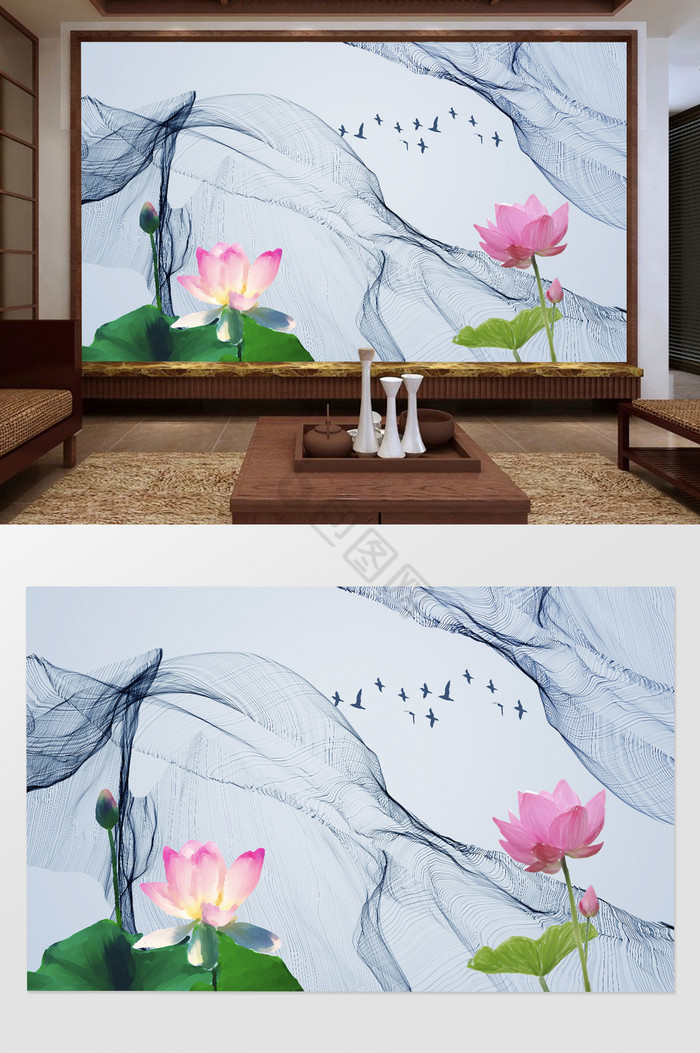 新中式山水波纹荷花客厅电视背景墙图片