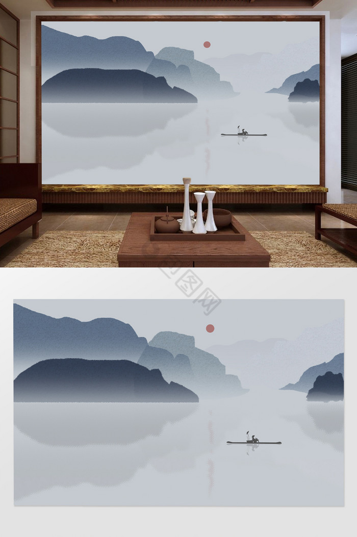 新中式意境江南山水电视背景墙图片