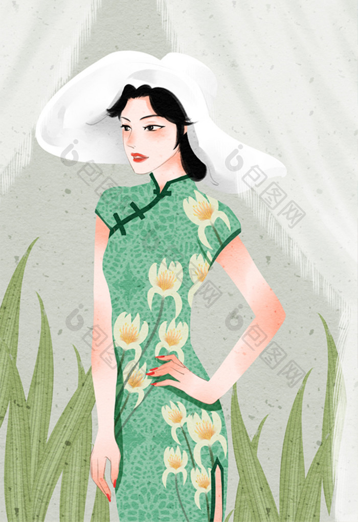 清新唯美中国风民国女子旗袍装插画