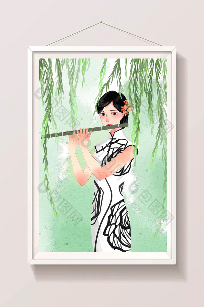 清新唯美中国风旗袍女性吹笛子插画