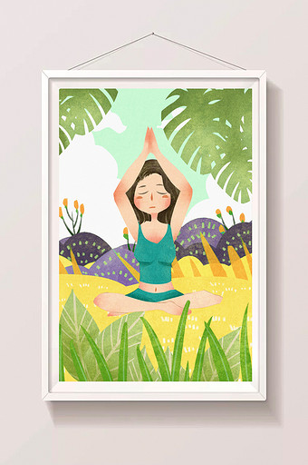 清新可爱绿色女性健康生活瑜伽插画图片