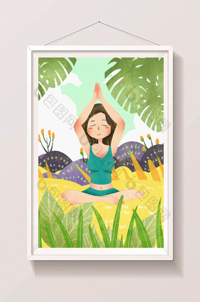 清新可爱绿色女性健康生活瑜伽插画