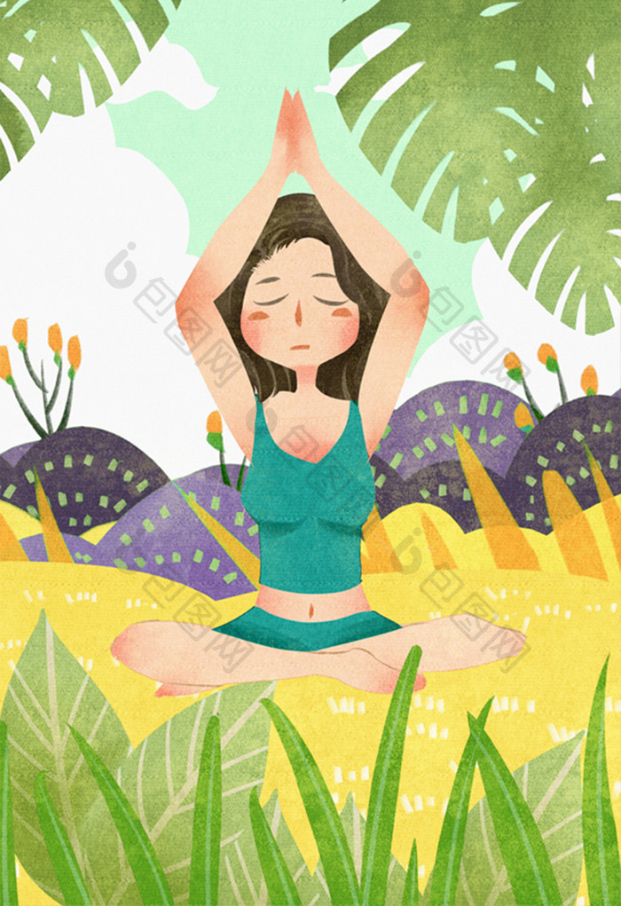 清新可爱绿色女性健康生活瑜伽插画