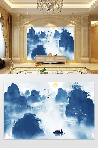 中国风手绘意境山水电视背景墙图片
