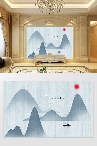 中式意境山水手绘电视背景墙图片