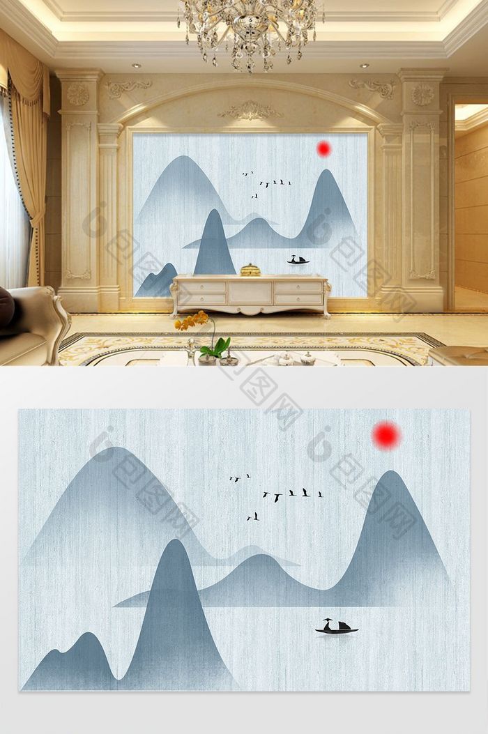 中式意境山水手绘电视背景墙