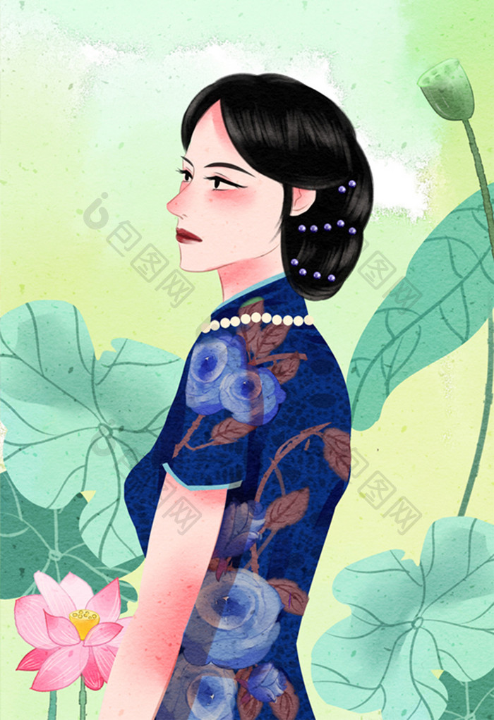 清新唯美旧上海民国旗袍女性插画
