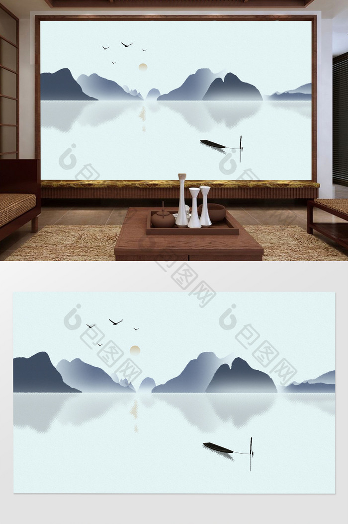 中国风意境小船创意水墨剪影电视背景墙