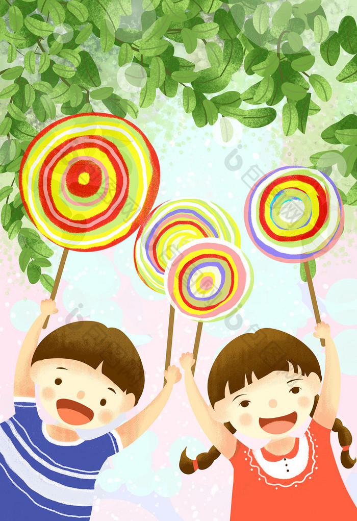 夏天绿色清新儿童节彩色糖果插画配图海报