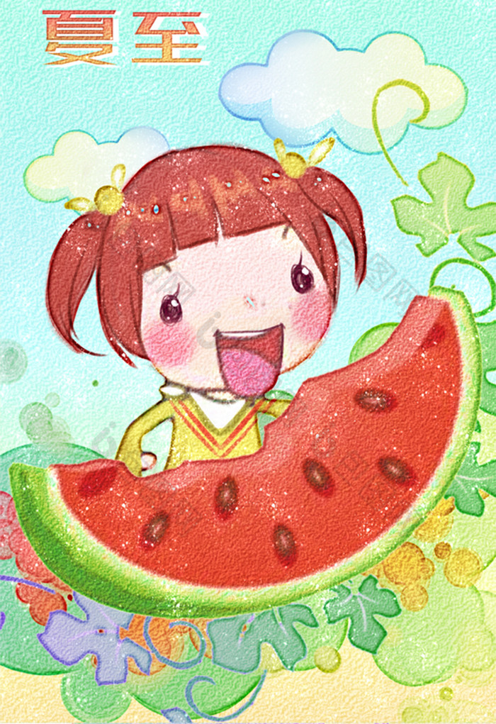 节气夏至吃西瓜女孩插画图片