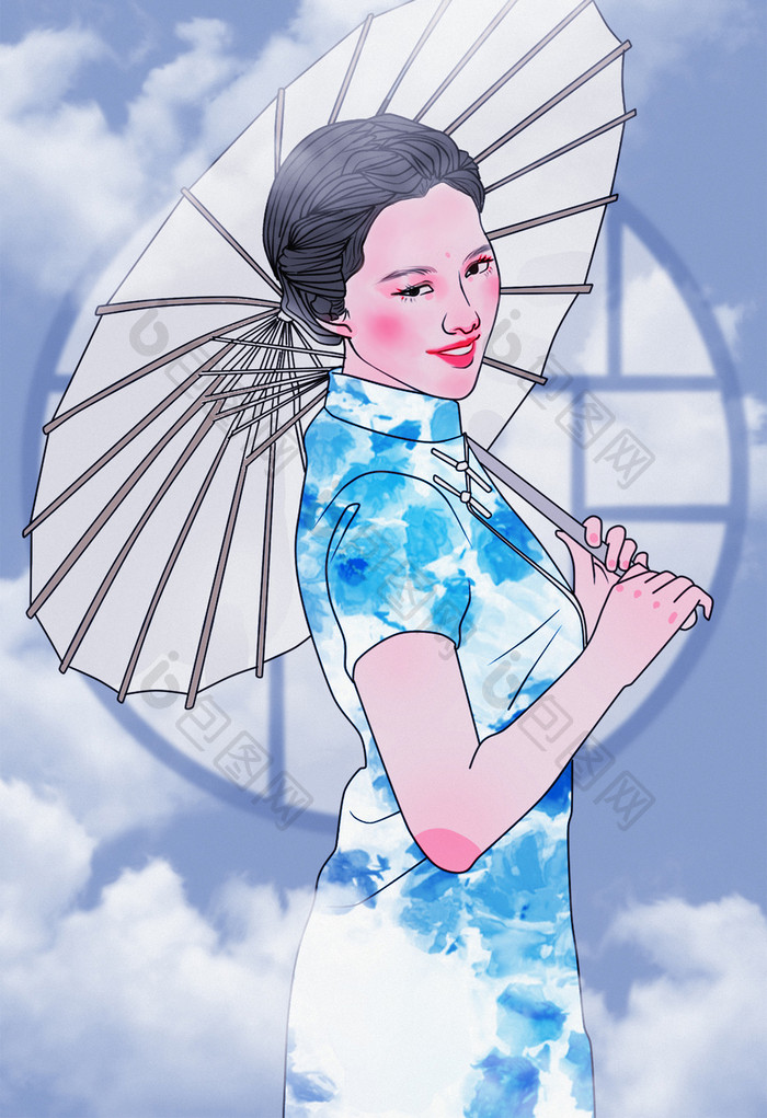 复古民国旗袍插画美女