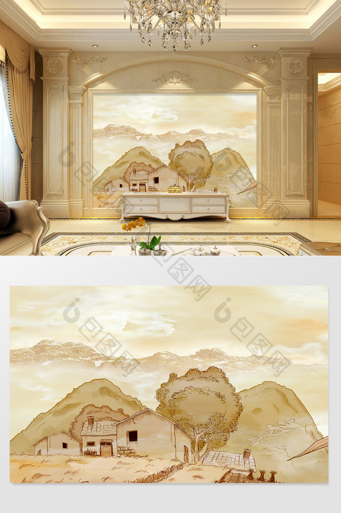 高清3D大理石纹山水花日出背景墙风情田野图片图片