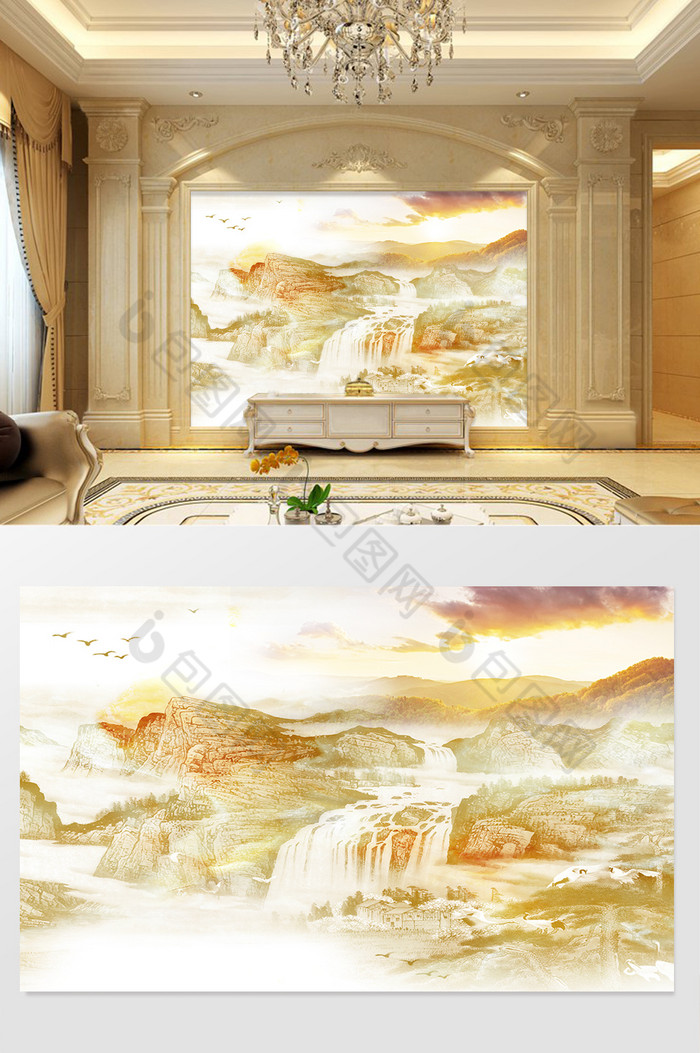 高清3D大理石纹山水花日出背景墙漫天金光图片图片