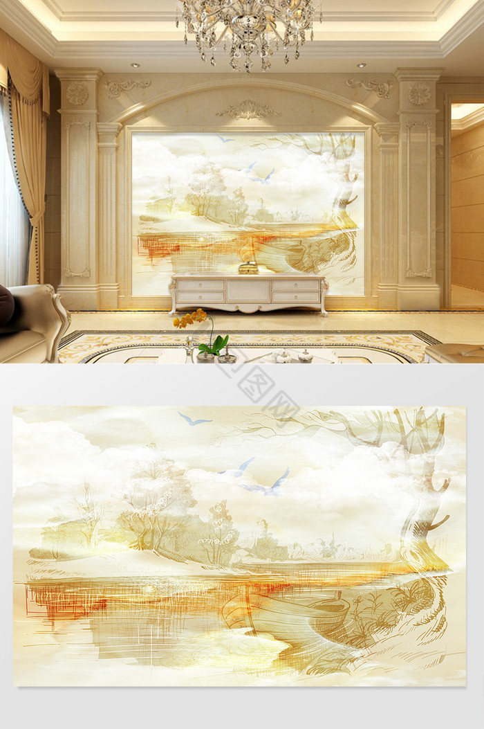 高清3D大理石纹山水花日出背景墙山色流云图片